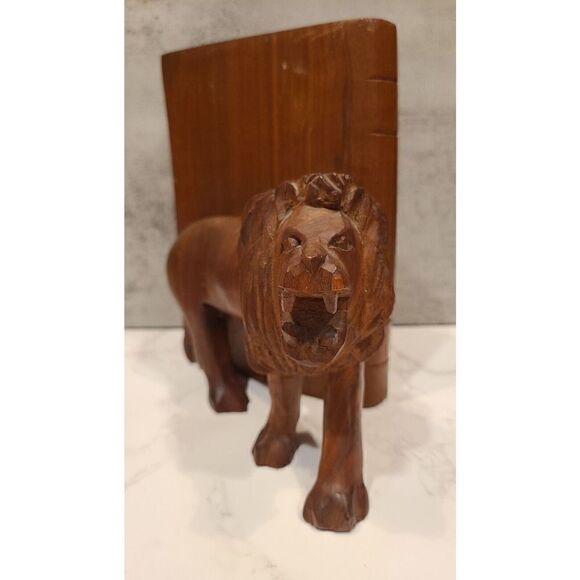 Vintage Wooden Hand Carved Single Heavy Lion Bookend 8” Tall x7.5" Décor Study - Picture 2 of 10